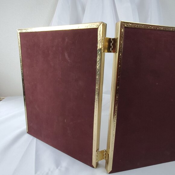 VTG Gold Metal 8x10 Trifold Hinged Picture Filigree Frames Velvet Back MCM - Picture 9 of 12